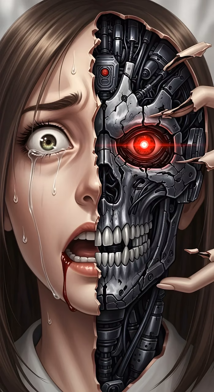 Crying Woman Revealing Cracked Cyborg Skull Face - Free Mobile AMOLED Wallpaper Background