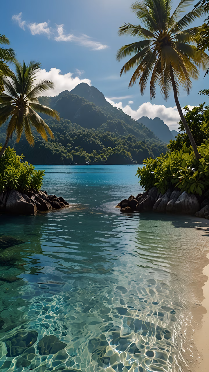Crystal Clear Tropical Lagoon Beach Palm Trees Mountains - Free Mobile AMOLED Wallpaper Background