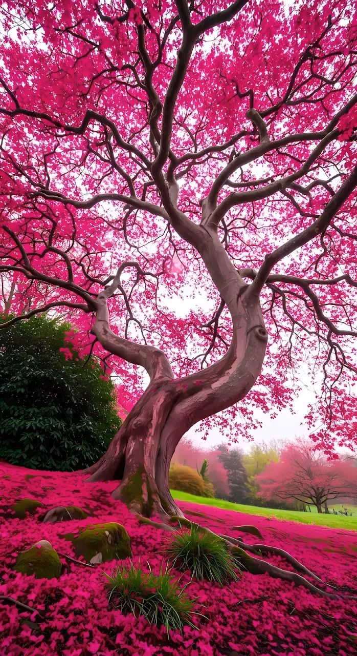 Curving Tree with Hot Pink Blossoms and Petal Carpet - Free Mobile AMOLED Wallpaper Background
