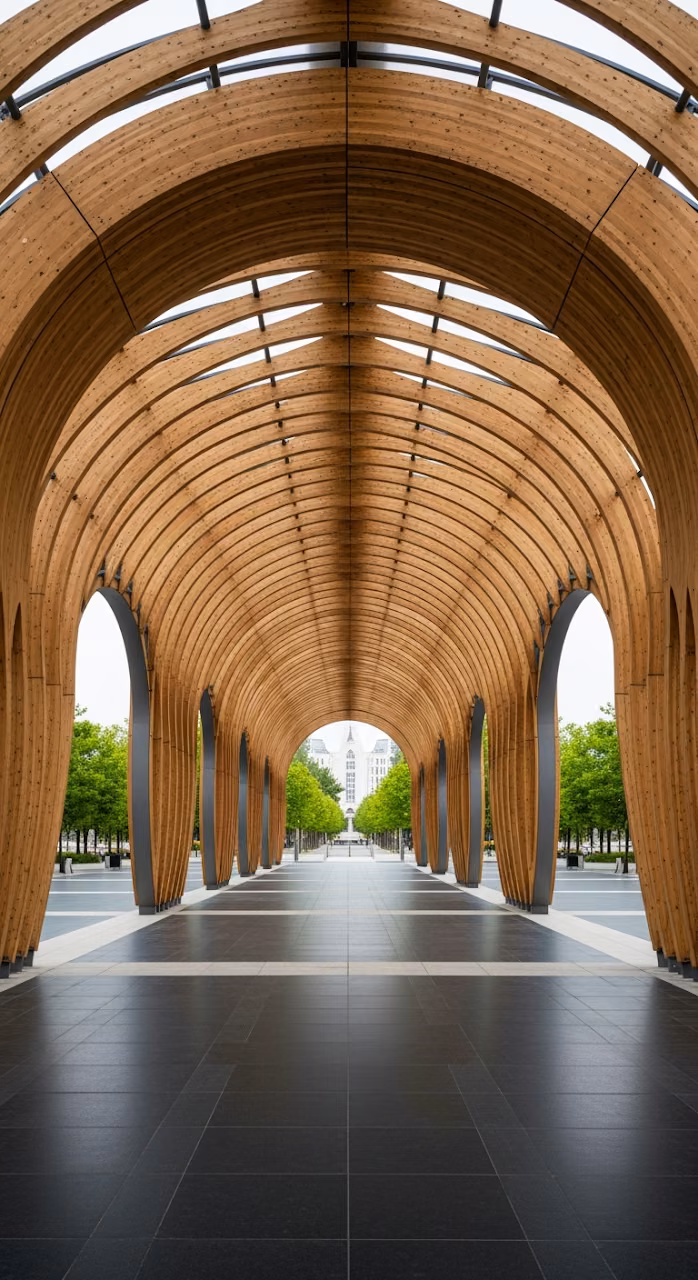 Download Curving Tunnel of Wavy Wooden Arches in an Urban Public Space Wallpaper in Mobile HD Curving Tunnel of Wavy Wooden Arches in an Urban Public Space - Free Mobile AMOLED Wallpaper Background
