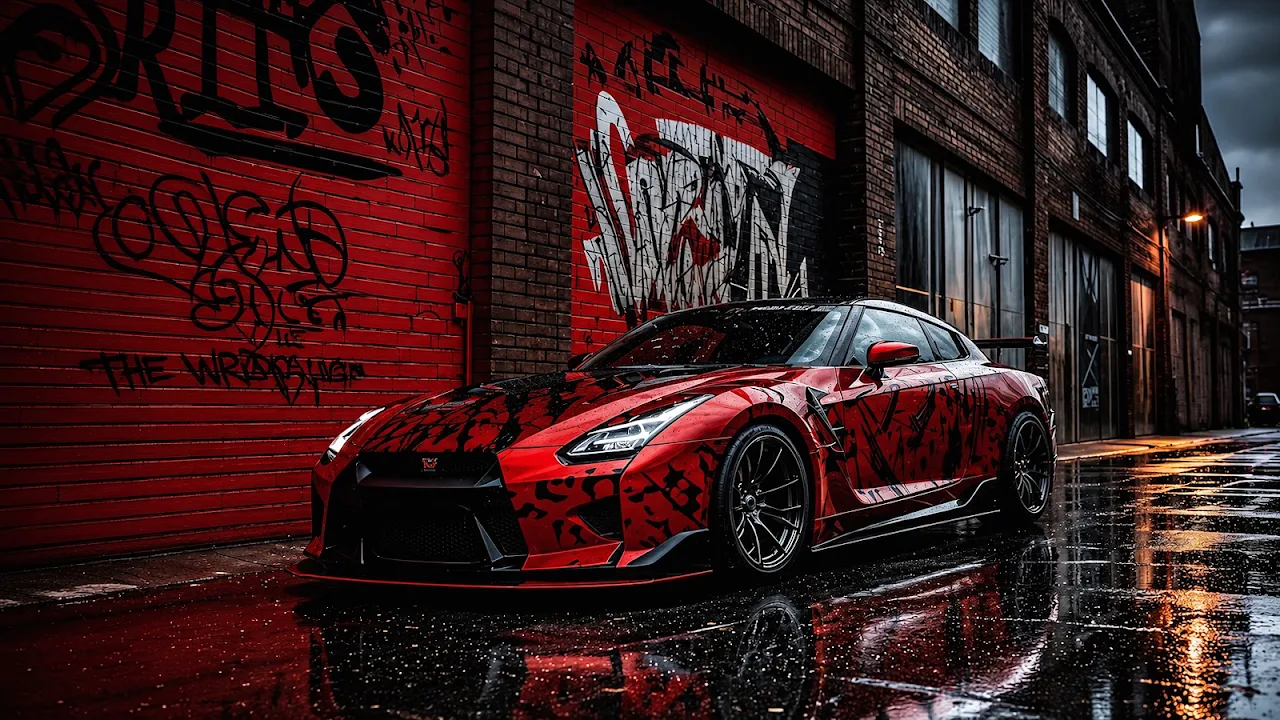 Download Custom Red Nissan GT-R Wet Street 4K Wallpaper in 4K UHD Red and black customized Nissan GT-R sports coupe parked on wet reflective pavement in front of a red graffiti brick wall.
