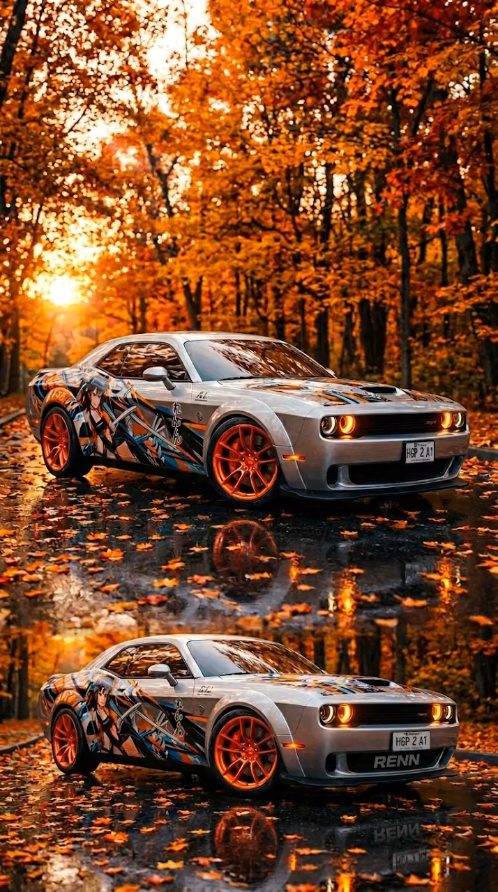 Custom Wrapped Muscle Car on Wet Autumn Street - Free Mobile AMOLED Wallpaper Background