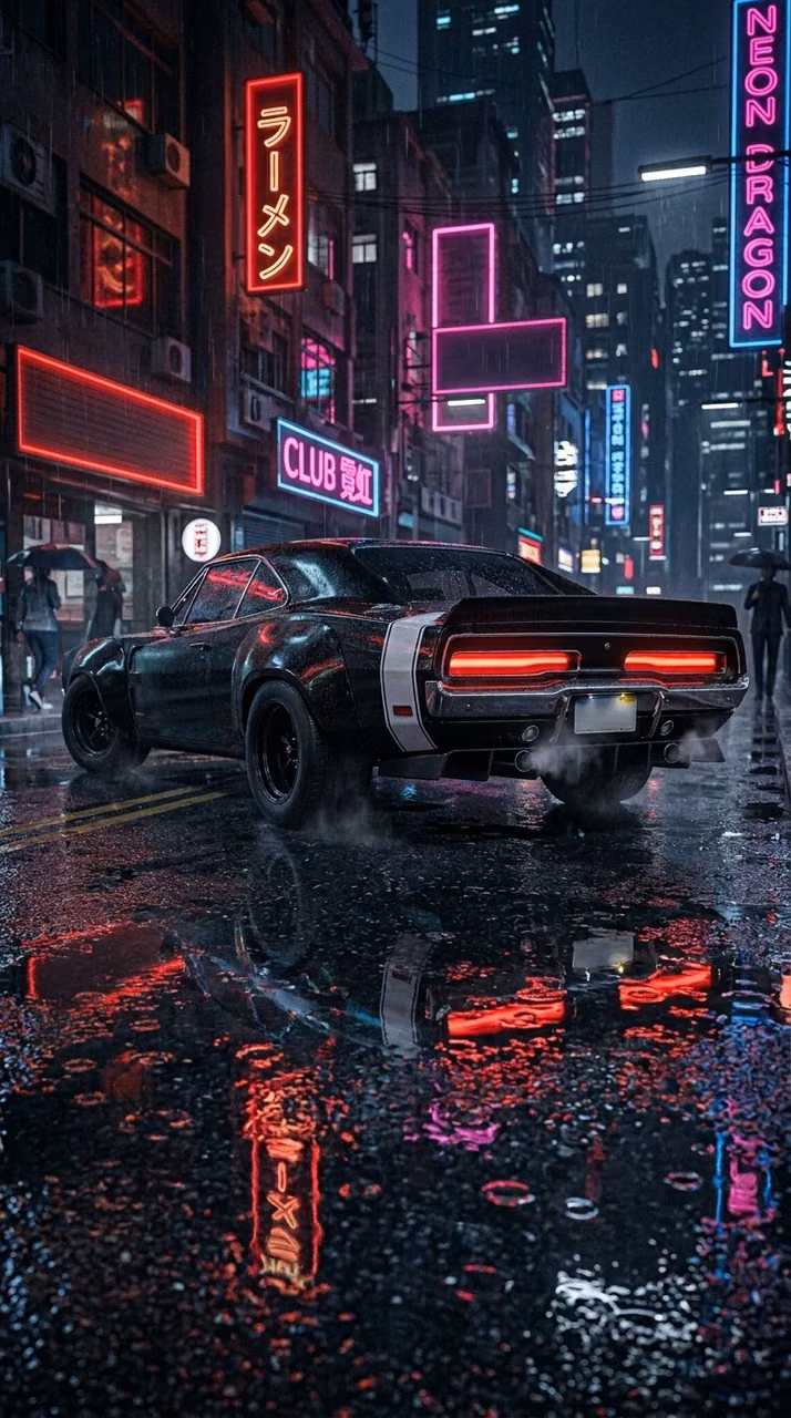 Customized Black Car in a Rainy Neon City Alley - Free Mobile AMOLED Wallpaper Background