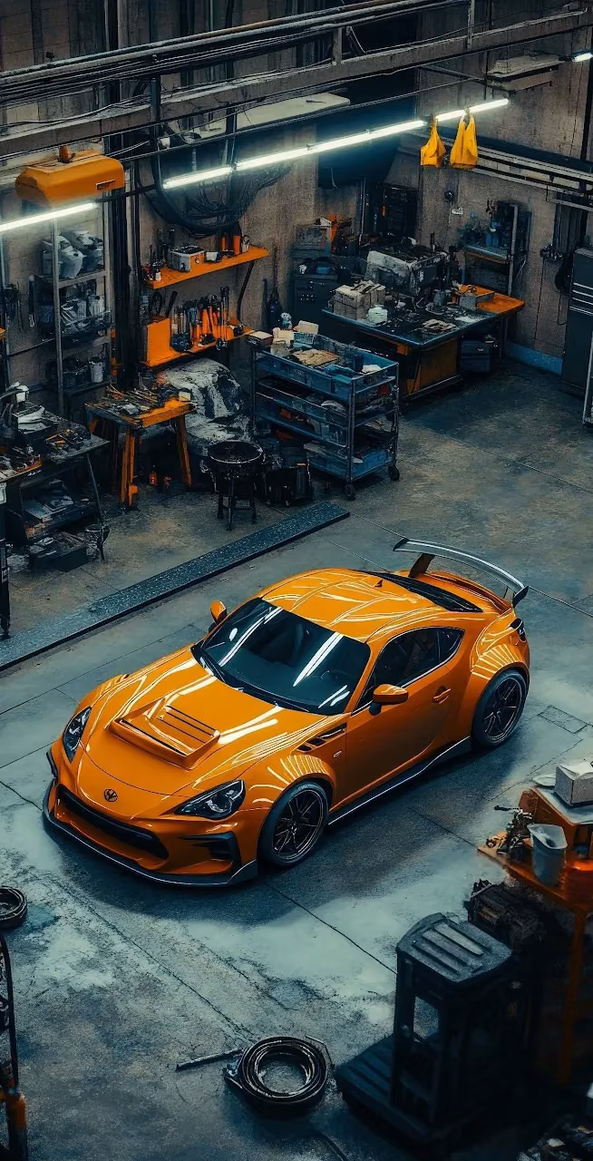 Download Customized Orange Sports Coupe in Gritty Industrial Garage Wallpaper in Mobile HD Customized Orange Sports Coupe in Gritty Industrial Garage - Free Mobile AMOLED Wallpaper Background