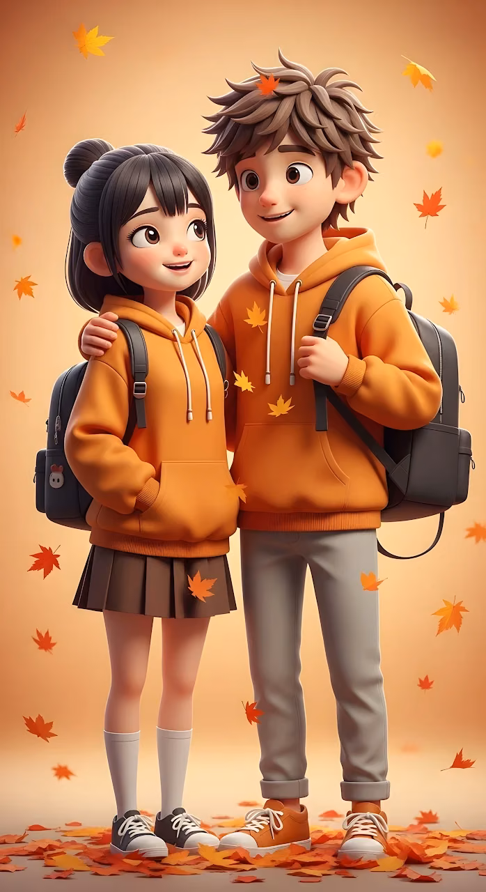 Download Cute 3D Cartoon Couple in Autumn Orange Hoodies Wallpaper in Mobile HD Cute 3D Cartoon Couple in Autumn Orange Hoodies - Free Mobile AMOLED Wallpaper Background