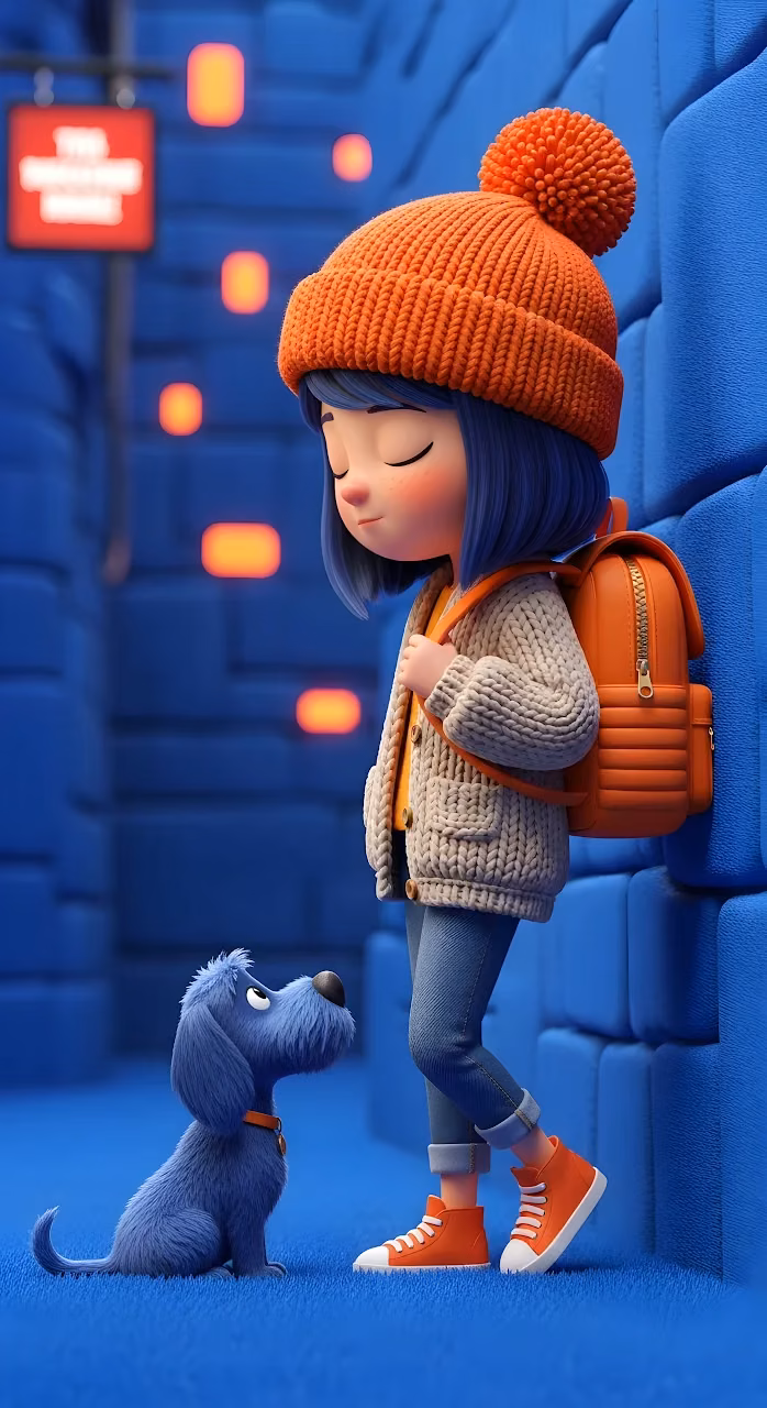 Cute 3D Cartoon Girl and Blue Dog in Orange and Blue - Free Mobile AMOLED Wallpaper Background
