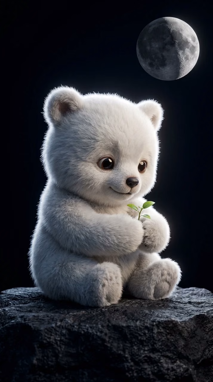 Download Cute 3D Fluffy Bear Holding A Leaf Under The Moon Wallpaper in Mobile HD Cute 3D Fluffy Bear Holding A Leaf Under The Moon - Free Mobile AMOLED Wallpaper Background