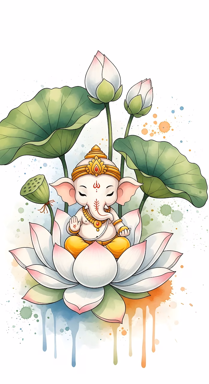 Cute Baby Ganesha Watercolor Lotus Flower Spiritual Art - Free Mobile AMOLED Wallpaper Background
