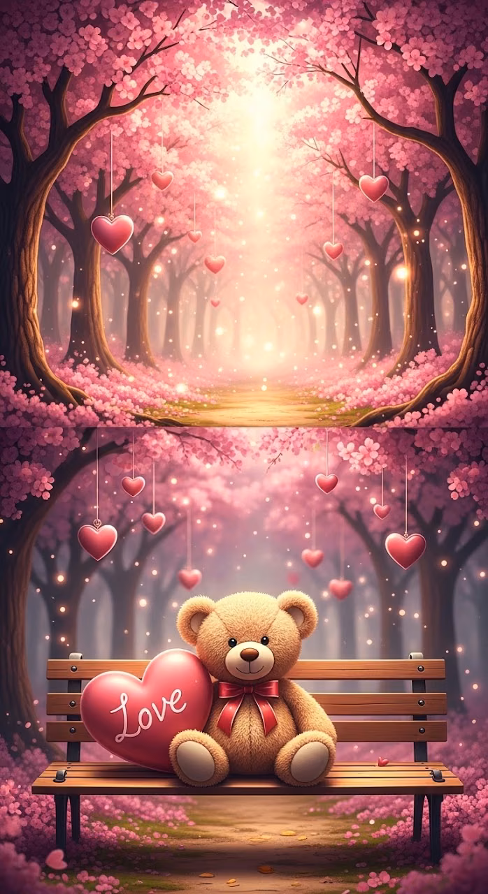 Download Cute Bear on a Bench in a Pink Cherry Blossom Forest Wallpaper in Mobile HD Cute Bear on a Bench in a Pink Cherry Blossom Forest - Free Mobile AMOLED Wallpaper Background