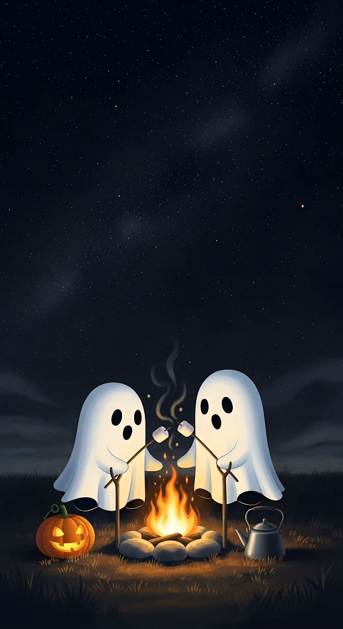 Cute Cartoon Ghosts Roasting Marshmallows at Night - Free Mobile AMOLED Wallpaper Background