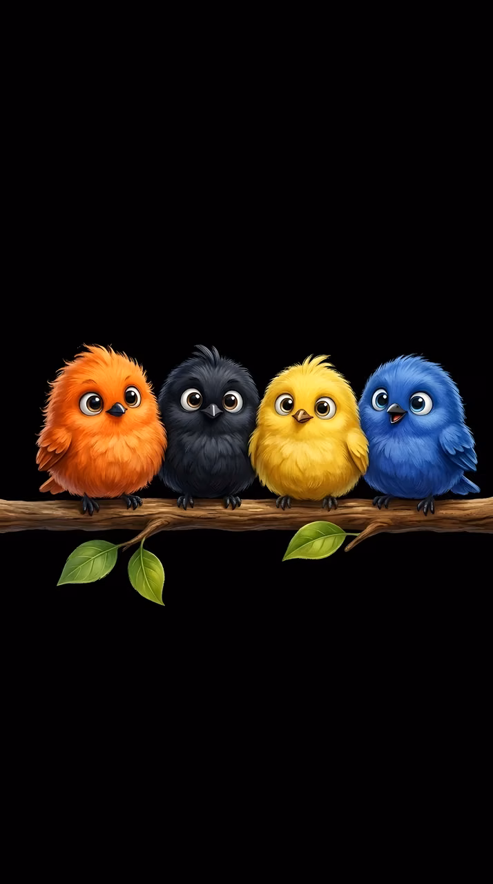 Download Cute Cartoon Illustration of Four Colorful Fluffy Birds on a Branch Wallpaper in Mobile HD Cute Cartoon Illustration of Four Colorful Fluffy Birds on a Branch - Free Mobile AMOLED Wallpaper Background