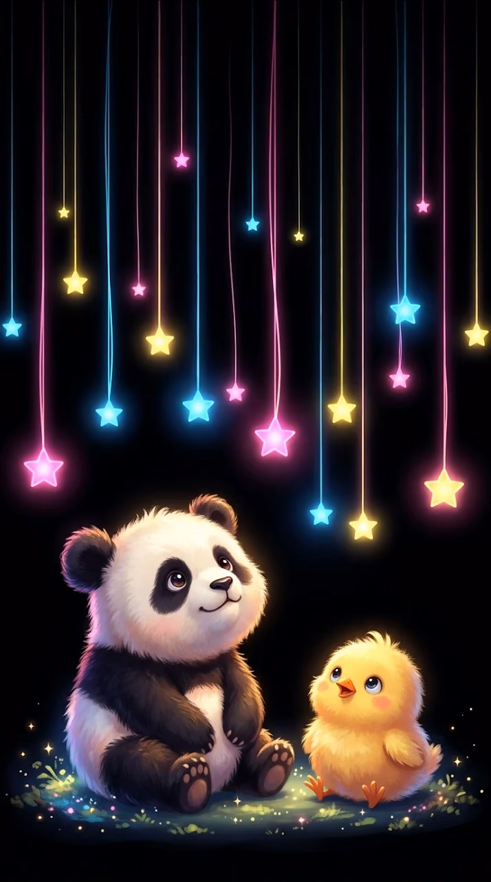 Cute Cartoon Panda and Chick Watching Colorful Hanging Stars - Free Mobile AMOLED Wallpaper Background
