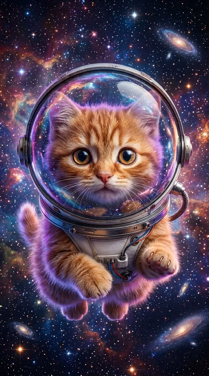 Cute Cat in a Glass Astronaut Helmet with Starry Glow - Free Mobile AMOLED Wallpaper Background