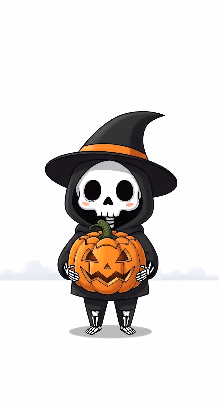 Cute Chibi Grim Reaper Holding Halloween Jack-O-Lantern - Free Mobile AMOLED Wallpaper Background
