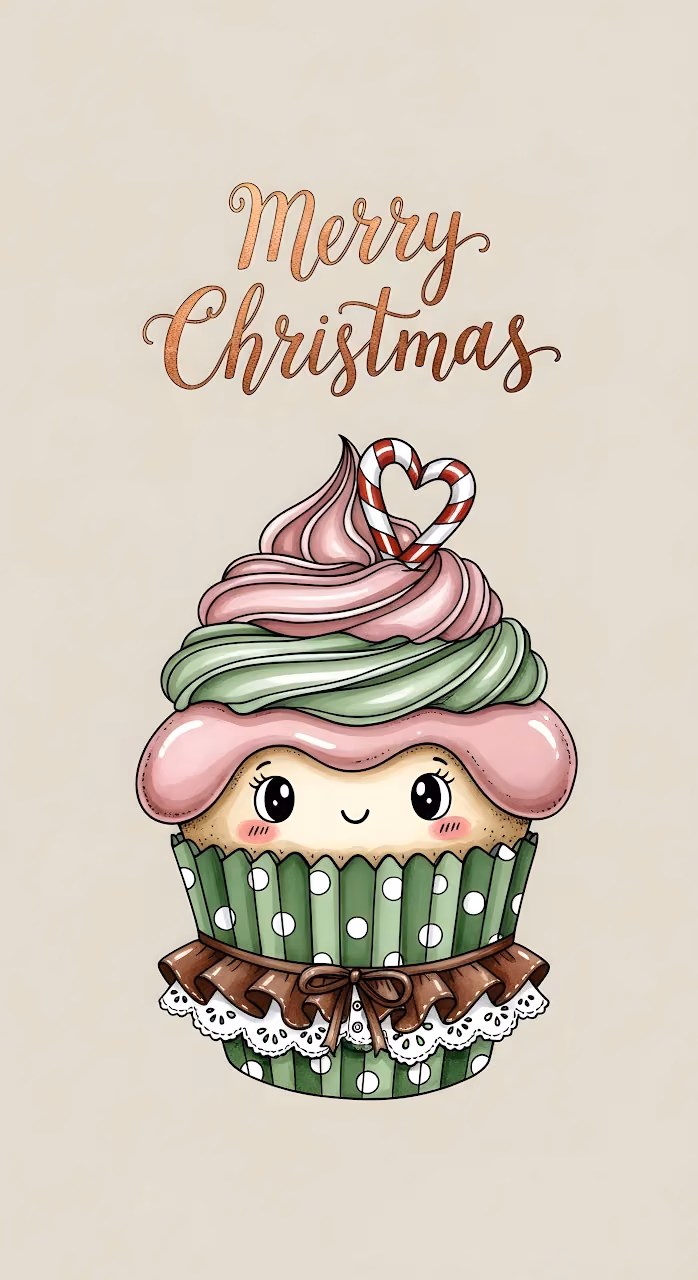 Cute Christmas Cupcake Drawing Festive Greeting - Free Mobile AMOLED Wallpaper Background