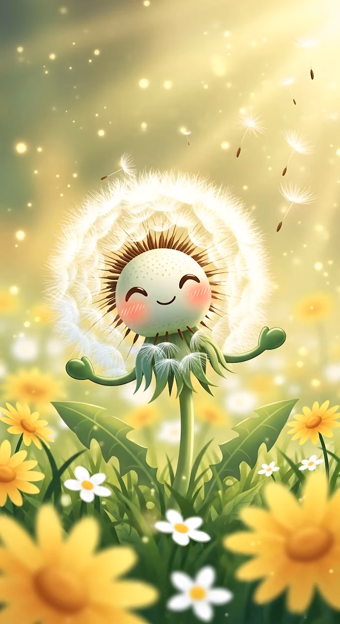 Cute Dandelion Character with Seeds Blowing in Sunlight - Free Mobile AMOLED Wallpaper Background