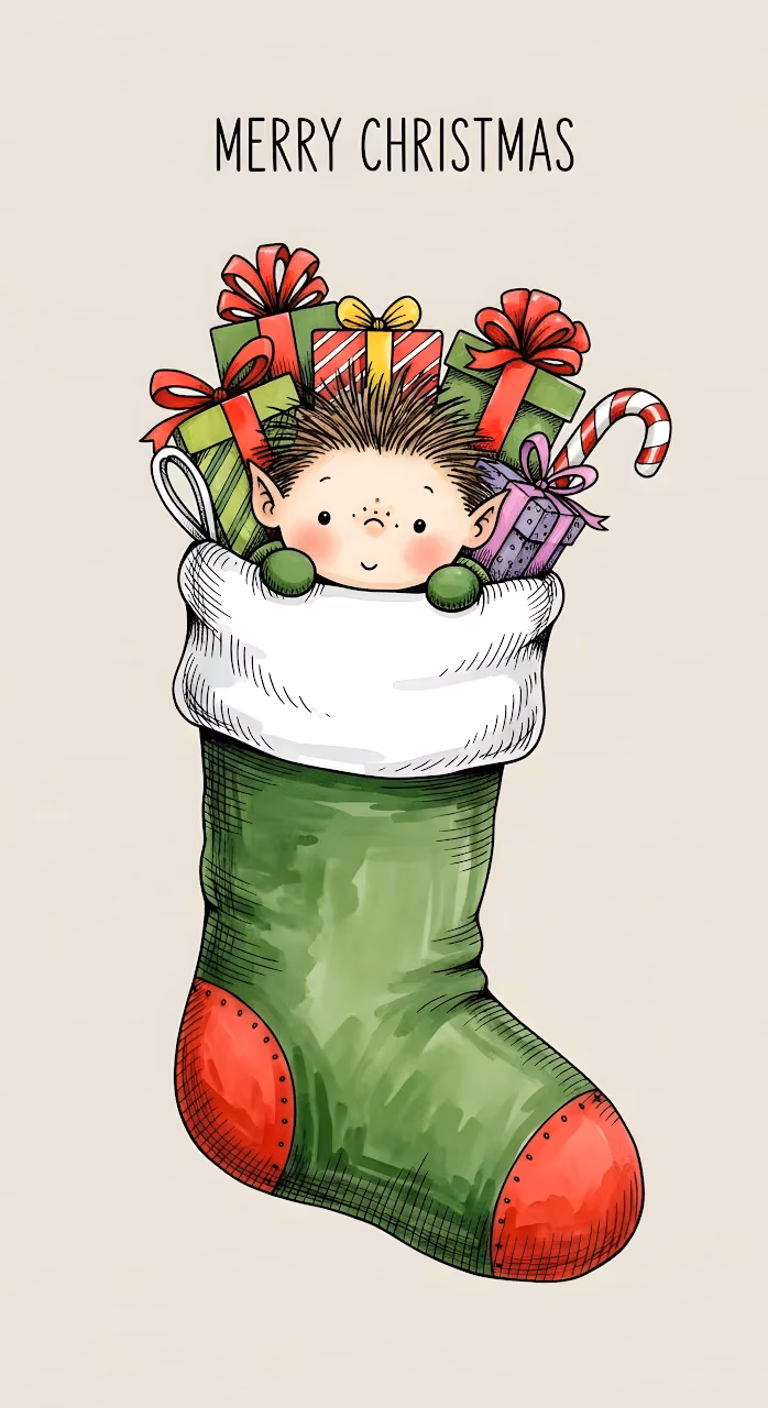 Cute Elf Peeking from Christmas Stocking Art - Free Mobile AMOLED Wallpaper Background