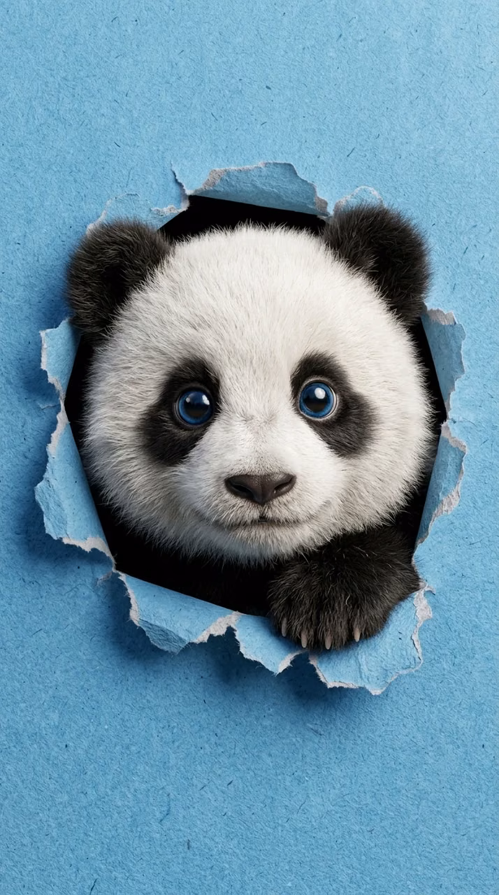 Cute Fluffy Panda Cub Peeking Through a Torn Blue Paper Background - Free Mobile AMOLED Wallpaper Background