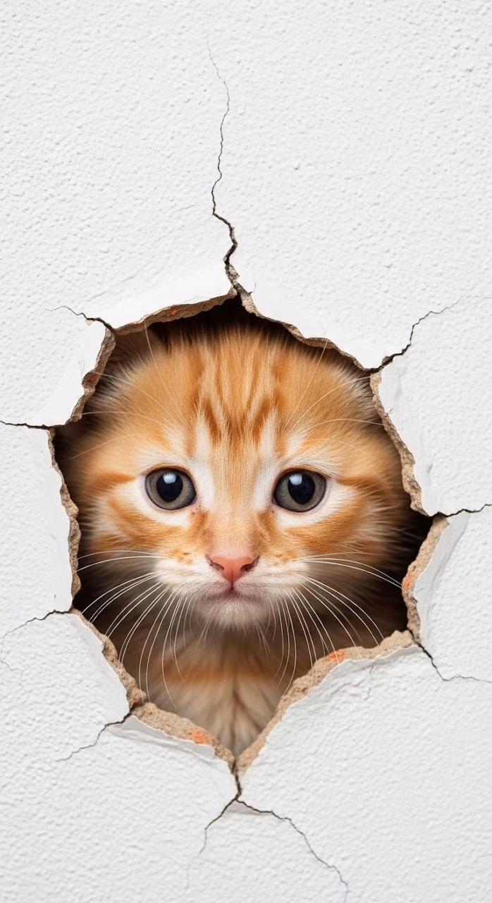 Cute Ginger Cat Peeking Through a White Wall Hole - Free Mobile AMOLED Wallpaper Background