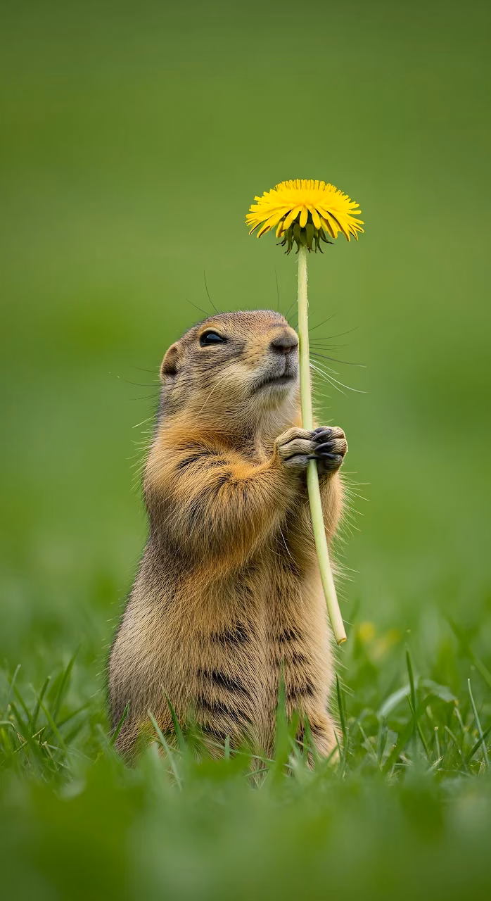 Cute Ground Squirrel Holding Yellow Dandelion Flower - Free Mobile AMOLED Wallpaper Background