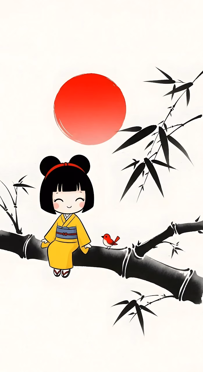 Cute Kokeshi Doll Sitting on Bamboo Branch Sumi E Art - Free Mobile AMOLED Wallpaper Background
