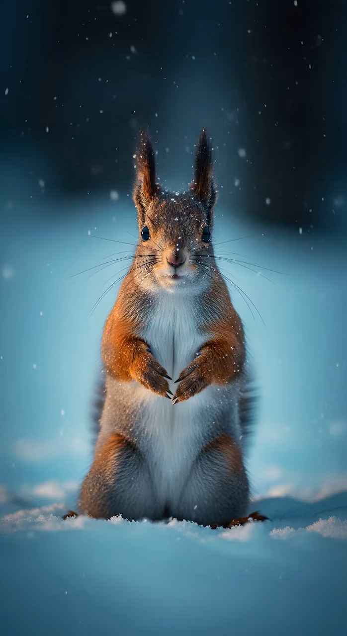 Cute Red Squirrel Sitting in Snowy Winter Landscape - Free Mobile AMOLED Wallpaper Background