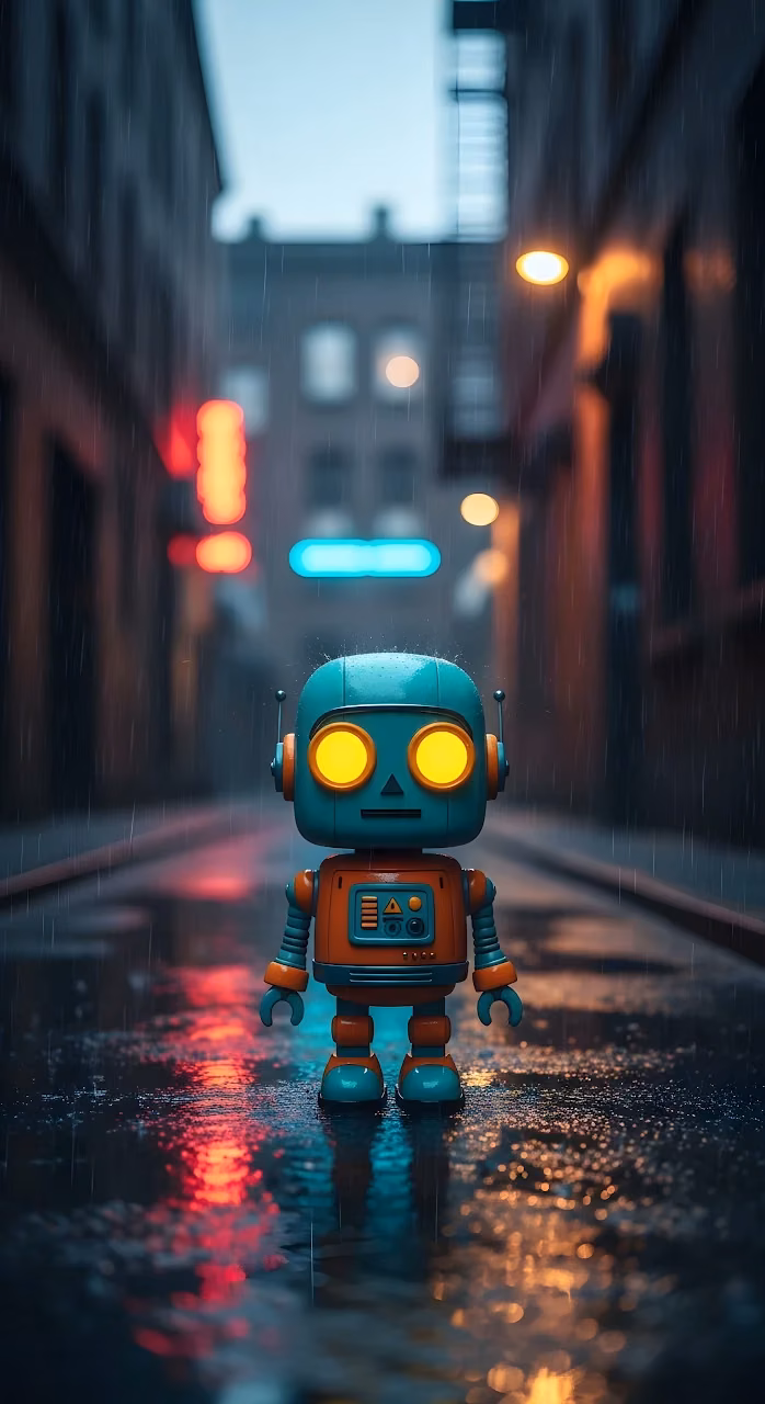 Cute Retro Robot Rainy City Alley Neon Lights - Free Mobile AMOLED Wallpaper Background