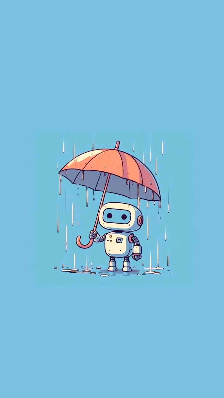 Cute robot holds umbrella in gentle rain on blue background - Free Mobile AMOLED Wallpaper Background
