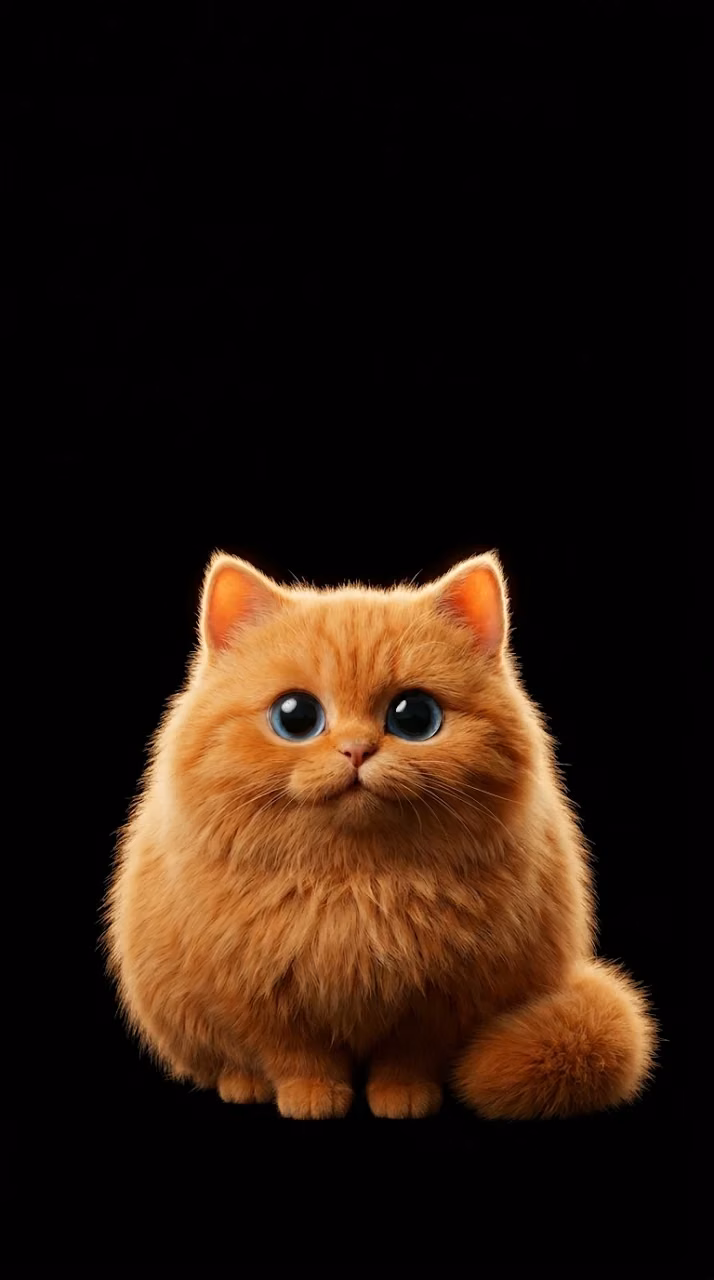 Cute Round Fluffy Orange Cat with Large Blue Eyes on Black - Free Mobile AMOLED Wallpaper Background