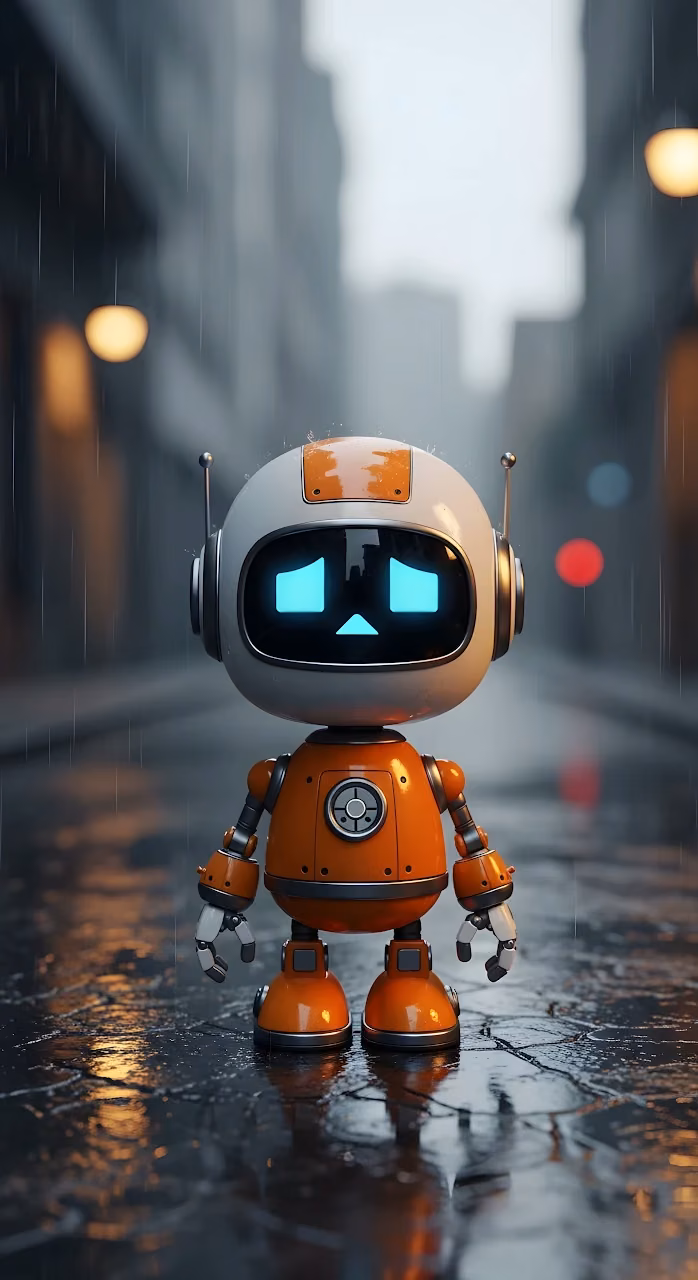 Download Cute Sad Robot Standing Alone on Rainy City Street Wallpaper in Mobile HD Cute Sad Robot Standing Alone on Rainy City Street - Free Mobile AMOLED Wallpaper Background