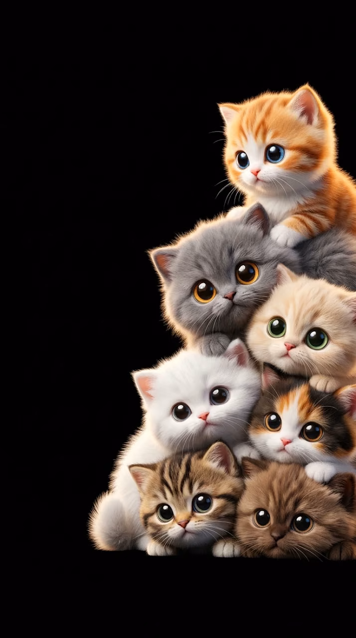 Cute Stacked Fluffy Kittens 3D Render - Free Mobile AMOLED Wallpaper Background