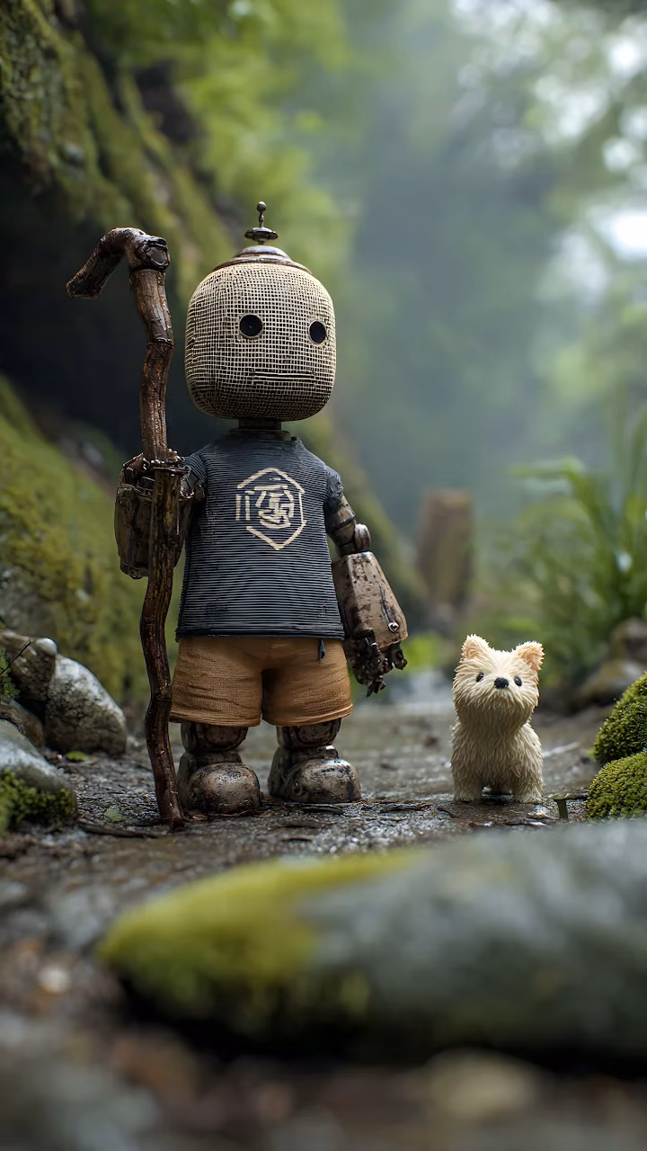 Cute Woven Robot and Fluffy Dog Hiking in Misty Forest Trail - Free Mobile AMOLED Wallpaper Background