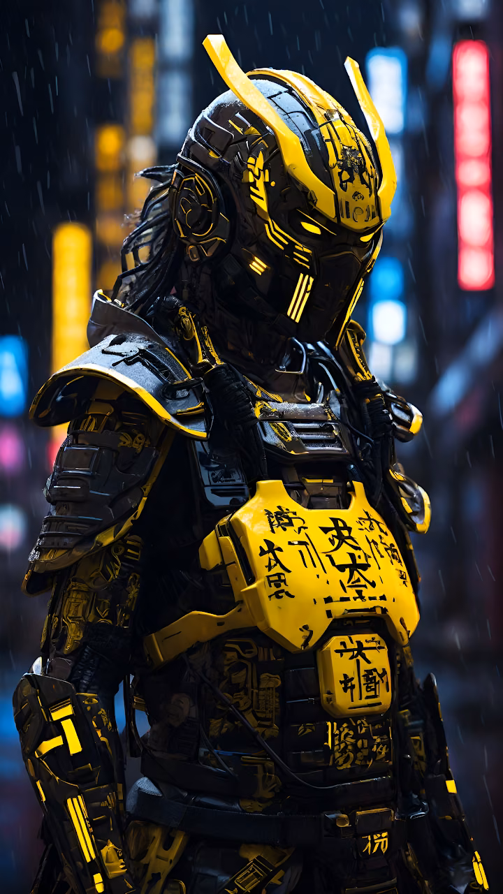 Download Cyber Samurai Armor Yellow Black Neon City Warrior Rain Wallpaper in Mobile HD Cyber Samurai Armor Yellow Black Neon City Warrior Rain - Free Mobile AMOLED Wallpaper Background