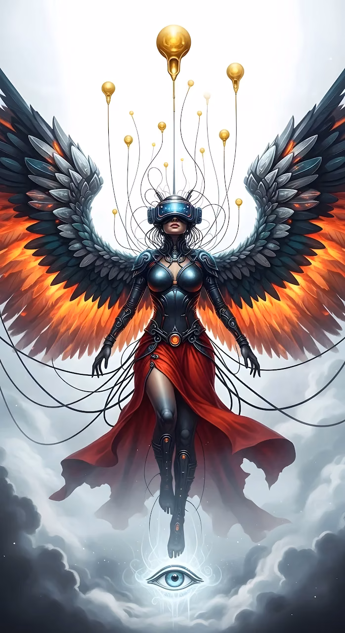 Download Cybernetic Angel with Fiery Wings and VR Headset Wallpaper in Mobile HD Cybernetic Angel with Fiery Wings and VR Headset - Free Mobile AMOLED Wallpaper Background