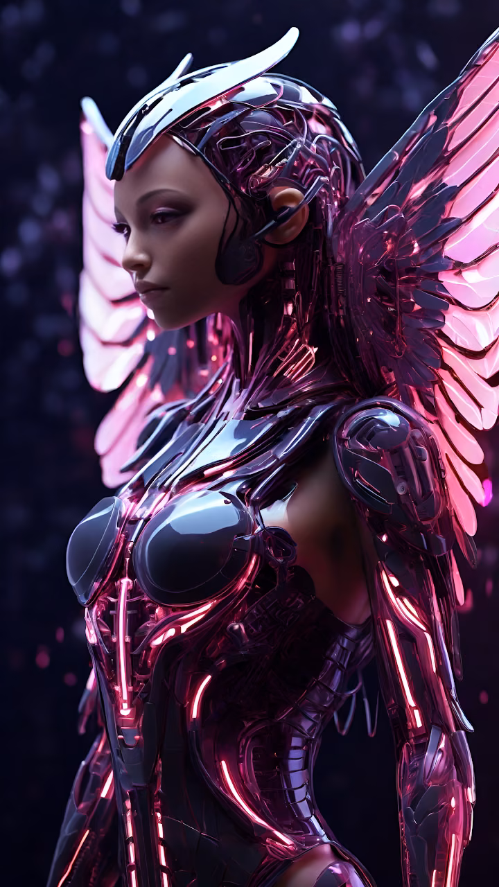 Cybernetic Angel Neon Pink Cyborg Wings Portrait - Free Mobile AMOLED Wallpaper Background