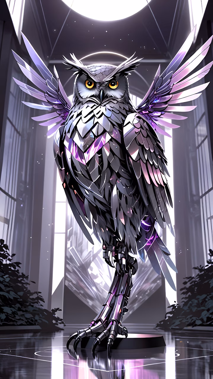 Download Cybernetic Chrome Owl Statue With Iridescent Purple Wings Wallpaper in Mobile HD Cybernetic Chrome Owl Statue With Iridescent Purple Wings - Free Mobile AMOLED Wallpaper Background