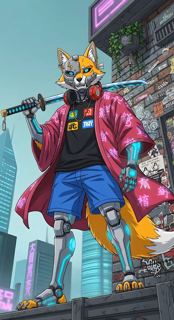 Download Cybernetic Fox Samurai in Kimono Holding Katana in Neon City Wallpaper in Mobile HD Cybernetic Fox Samurai in Kimono Holding Katana in Neon City - Free Mobile AMOLED Wallpaper Background