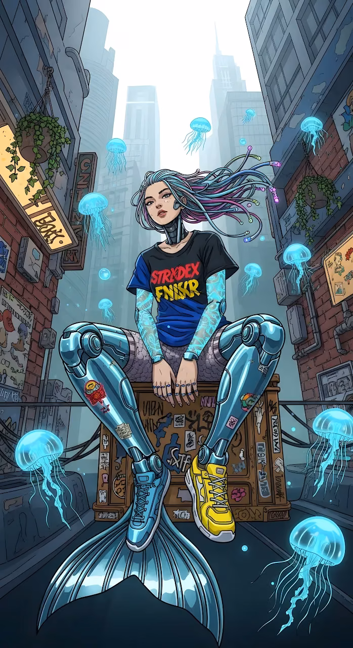 Cybernetic Mermaid Sitting in Urban Alley with Neon Jellyfish - Free Mobile AMOLED Wallpaper Background