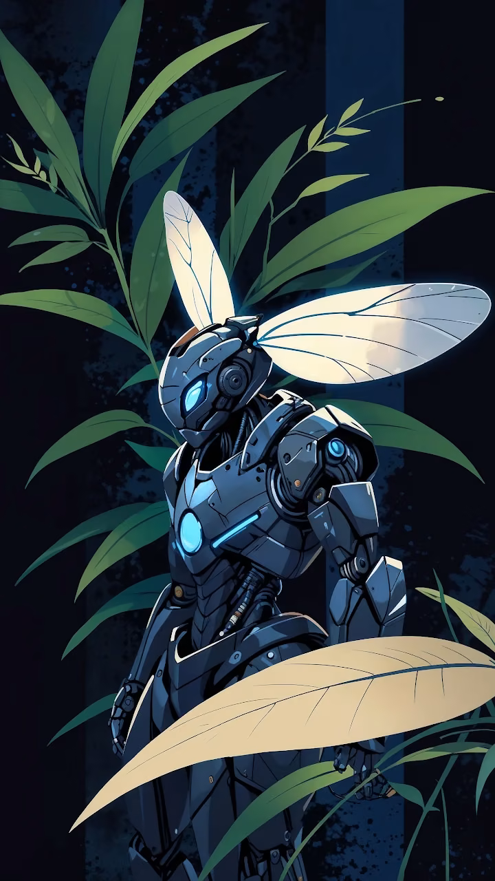 Cybernetic Moth Sentinel in Overgrown Neon Jungle - Free Mobile AMOLED Wallpaper Background