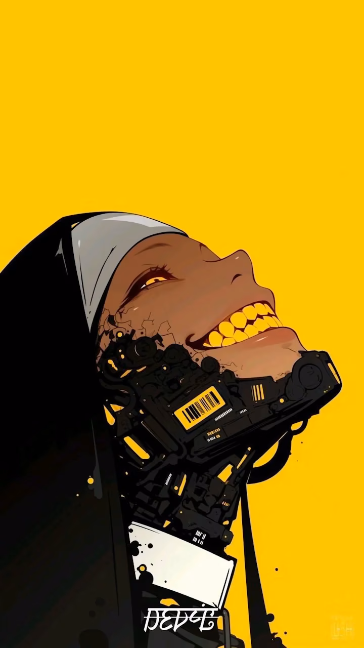 Download Cybernetic Nun Grin Yellow Background SciFi Illustration Wallpaper in Mobile HD Cybernetic Nun Grin Yellow Background SciFi Illustration - Free Mobile AMOLED Wallpaper Background