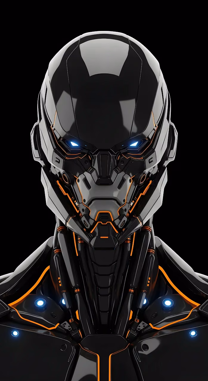 Cybernetic Sentinel Portrait Black Glossy Armor Blue Eyes - Free Mobile AMOLED Wallpaper Background