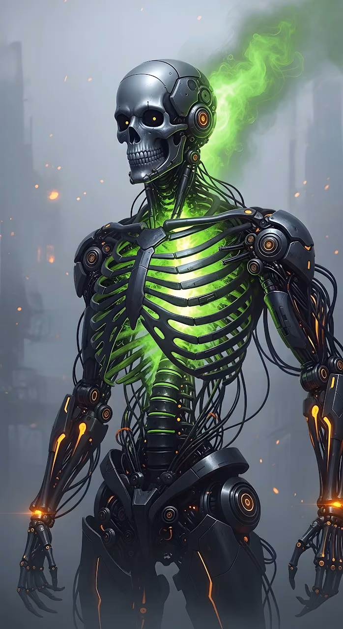 Cybernetic Skeleton Android, Neon Green Energy Core - Free Mobile AMOLED Wallpaper Background