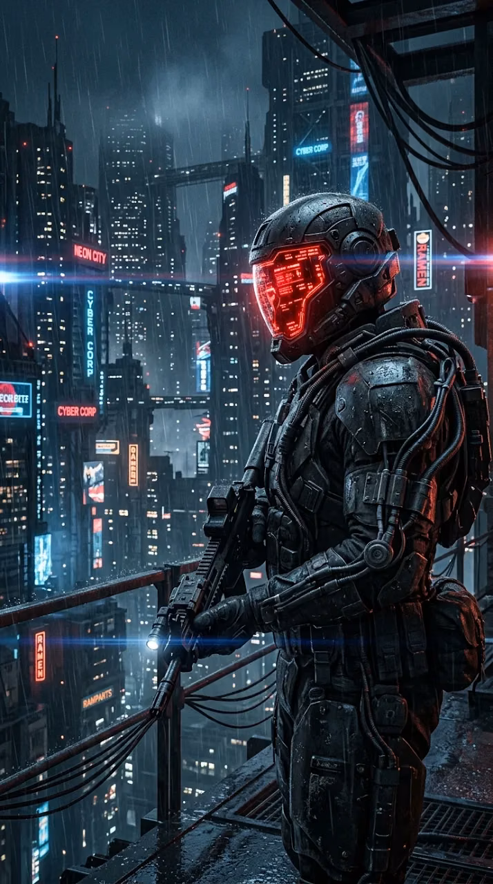 Cybernetic Soldier Overlooking a Dystopian Neon Cityscape - Free Mobile AMOLED Wallpaper Background
