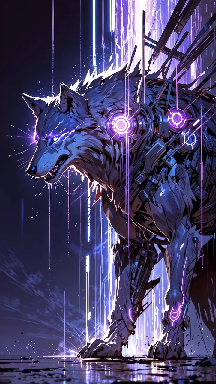 Download Cybernetic Wolf with Glowing Purple Eyes Wallpaper in Mobile HD Cybernetic Wolf with Glowing Purple Eyes - Free Mobile AMOLED Wallpaper Background