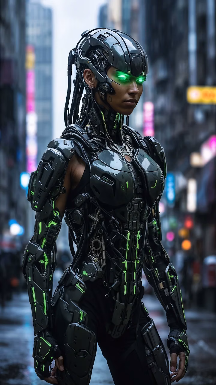 Download Cybernetic Woman with Glowing Green Eyes Wallpaper in Mobile HD Cybernetic Woman with Glowing Green Eyes - Free Mobile AMOLED Wallpaper Background