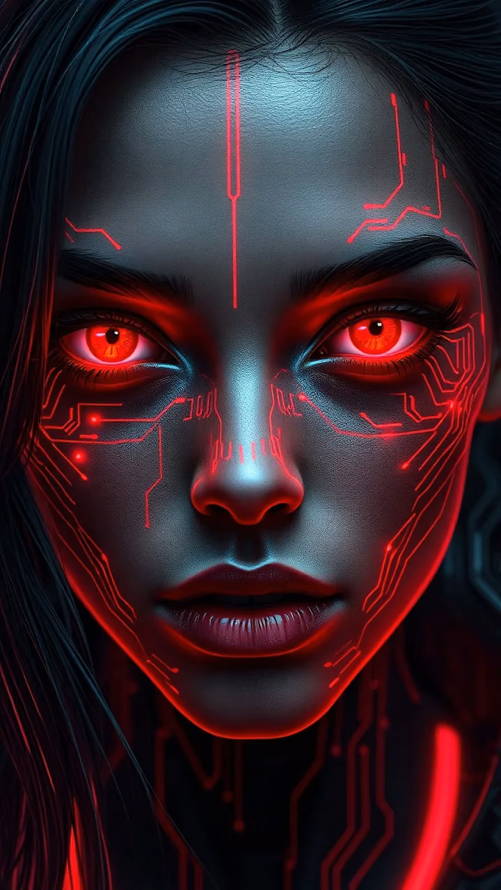 Cybernetic Woman with Glowing Red Eyes and Circuits - Free Mobile AMOLED Wallpaper Background