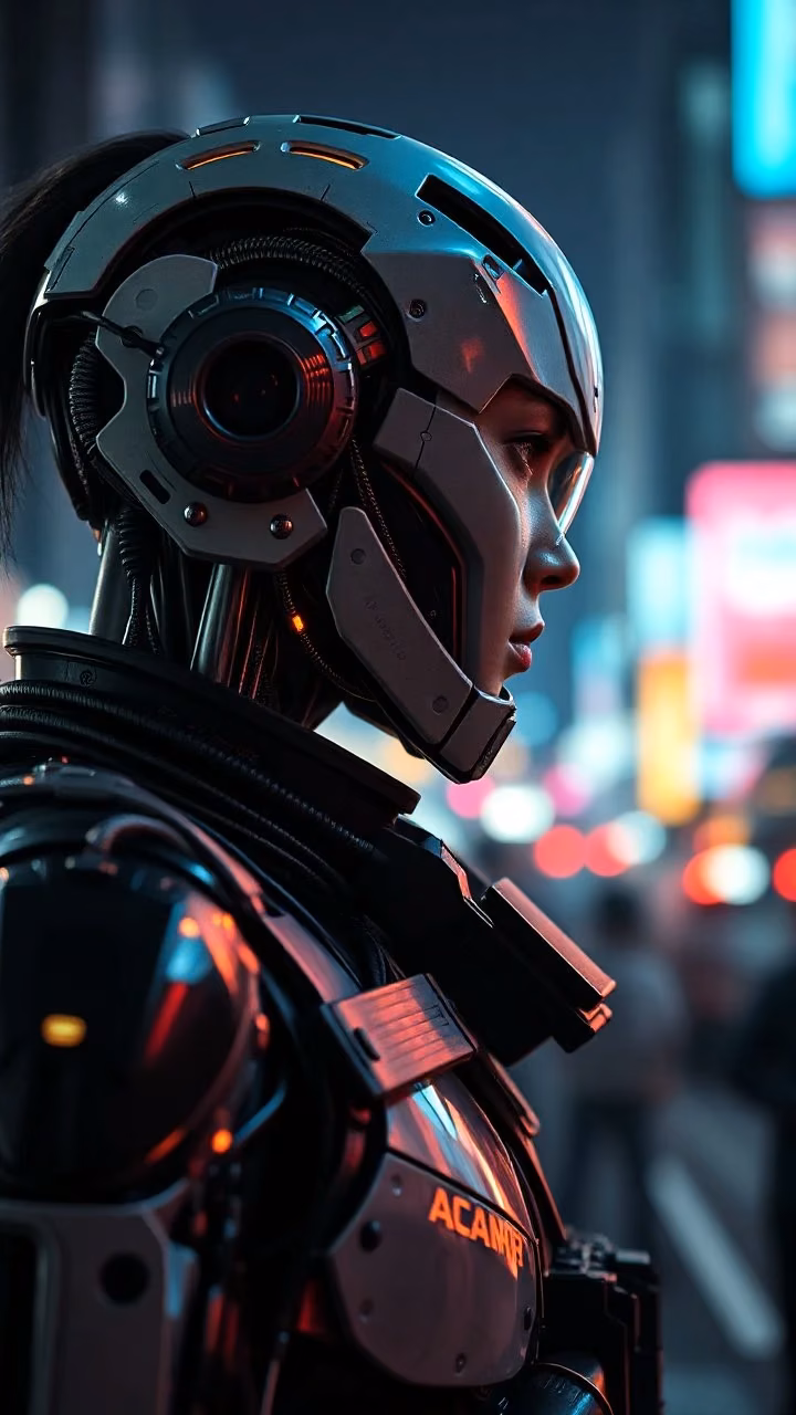 Download Cybernetic Woman in Neon City at Night Wallpaper in Mobile HD Cybernetic Woman in Neon City at Night - Free Mobile AMOLED Wallpaper Background