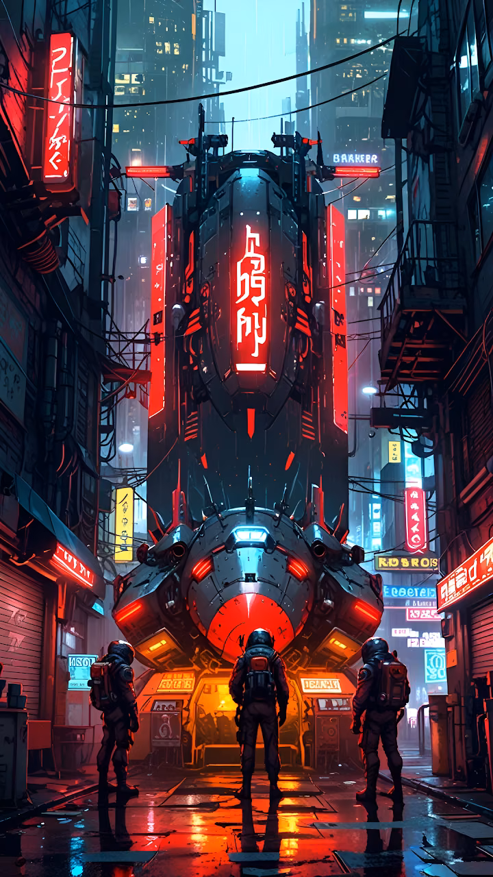 Cyberpunk Alley with Neon Ship and Astronauts Under Rain - Free Mobile AMOLED Wallpaper Background