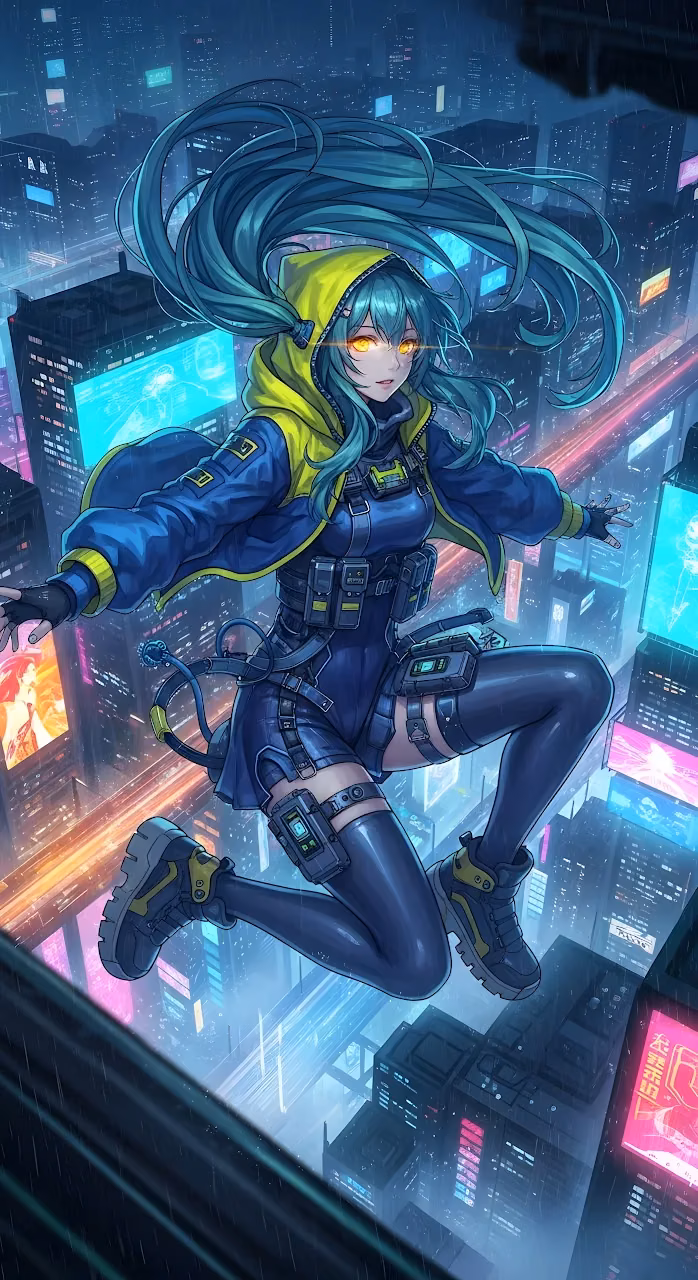 Cyberpunk Anime Girl Jumping Over Neon Cityscape - Free Mobile AMOLED Wallpaper Background