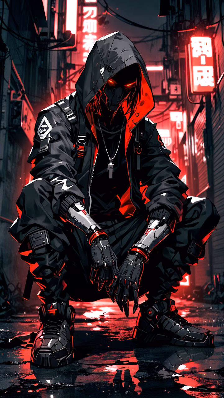 Cyberpunk Assassin Crouching Red Neon Alley Dystopian Art - Free Mobile AMOLED Wallpaper Background